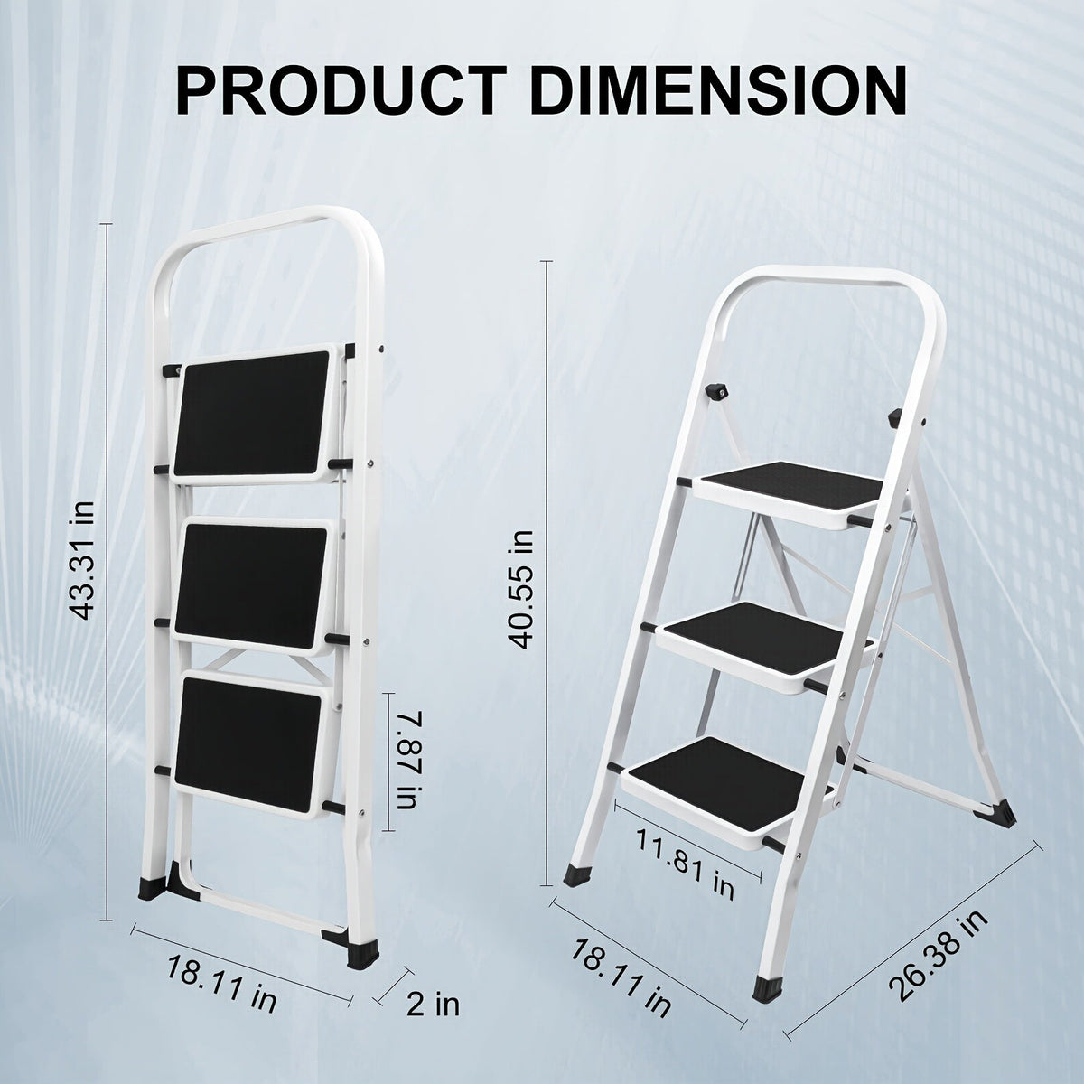 3-Step Folding Step Stool Ladder – 500 LB Capacity Wide Anti-Slip Pedal Handgrip Lightweight Portable Steel for Home Kitchen & Workshop in White & Black