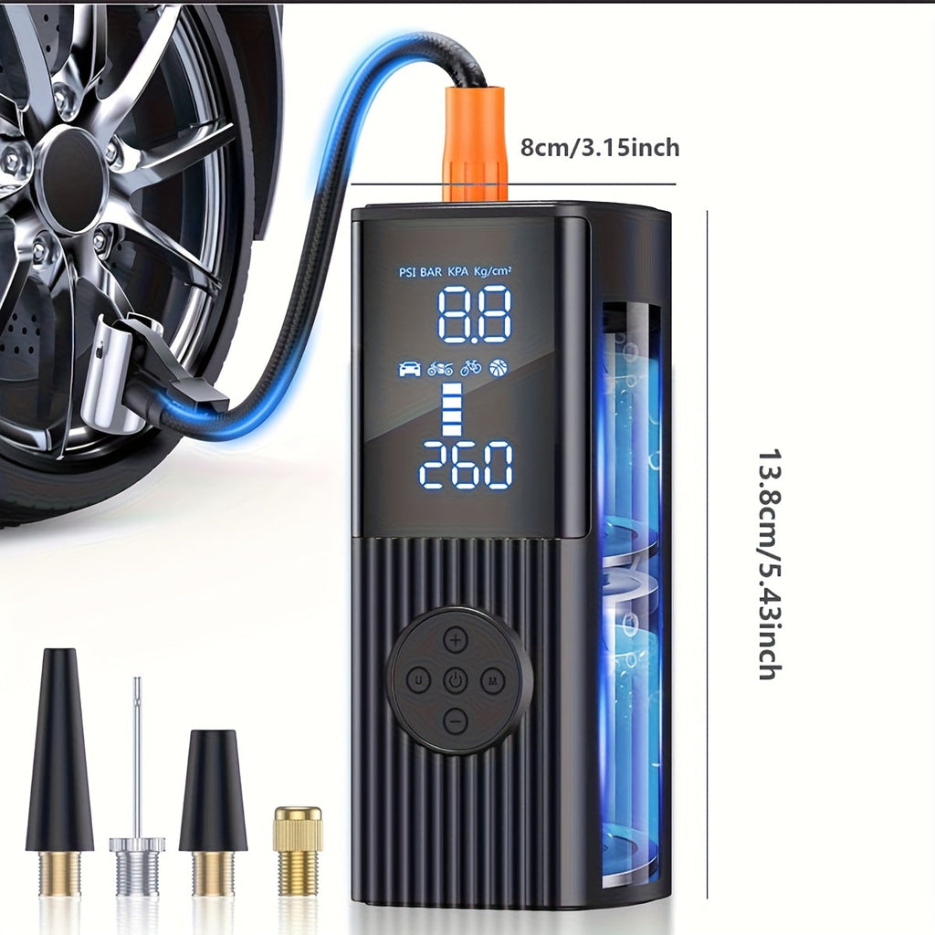 便携式轮胎充气泵 210PSI 无线款，配备数字压力表、可充电电池及LED灯——适用于汽车、摩托车、自行车及球类的无线充气泵——Velora
