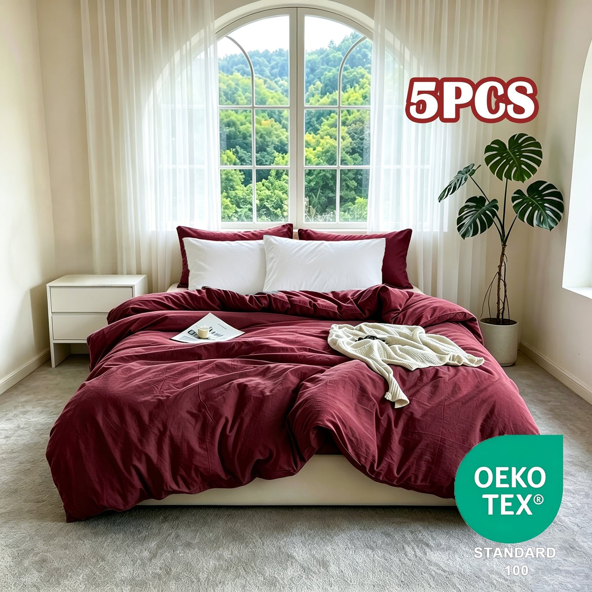 Washed Microfiber Duvet Cover Set 5-Piece, 1 Duvet Cover + 4 Pillowcases, Zipper Closure & Corner Ties, Soft Breathable Bedding Set for Home School Guest Room, No Insert, Multiple Sizes & Colors