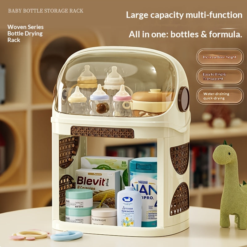 Multi-Functional Baby Bottle Drying Rack with Dust-Proof Flip Cover, Large Capacity PP Single or Double-Layer Rack with Formula Storage, 3 Colors Including Cream White Green & Black