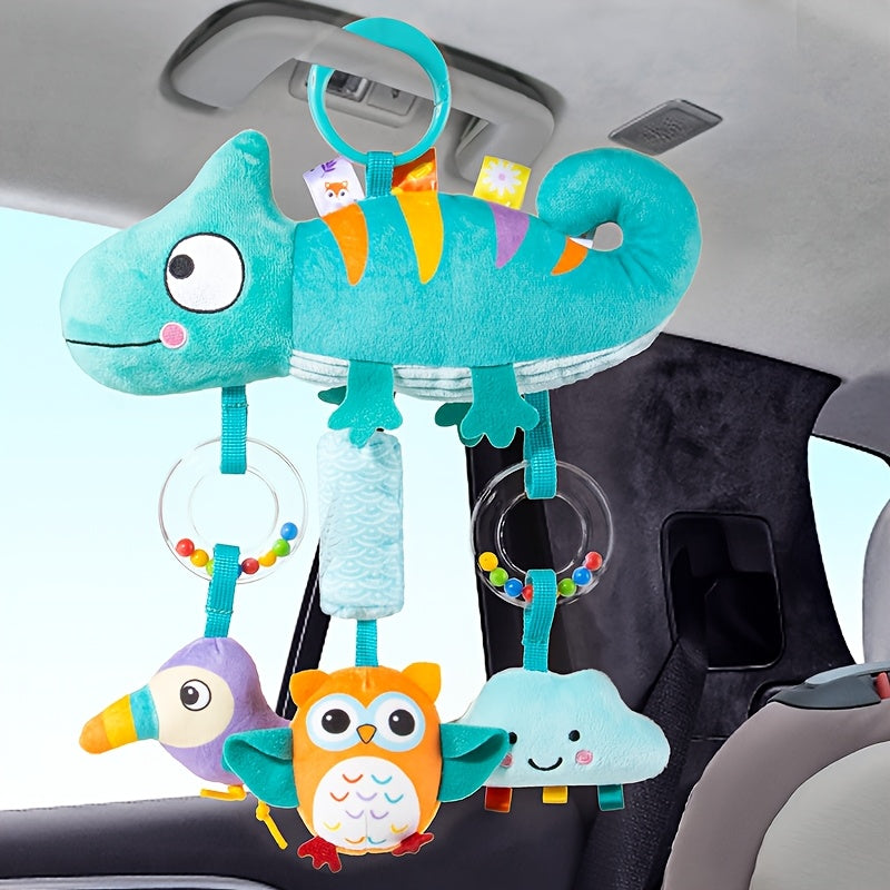 Baby Hanging Toy Wind Chime Pendant, Cute Animal Crib & Car Seat Hanging Decoration Bell for Newborns, Stroller & Bedside Sensory Toy, Blue Chameleon & Yellow Squirrel