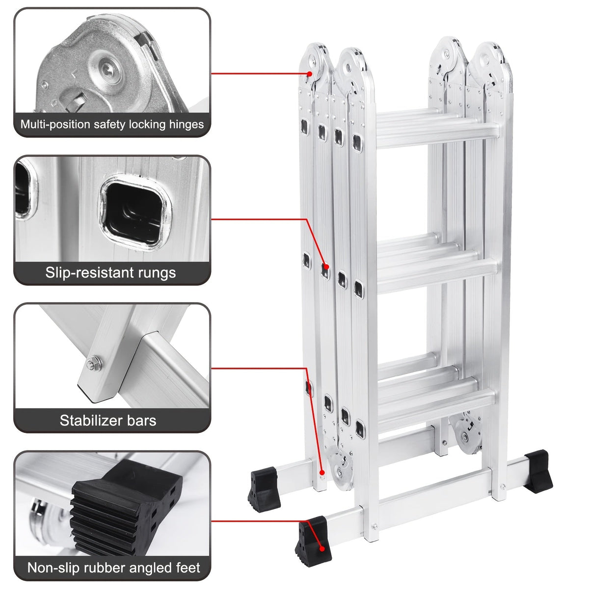330lb 12.5ft 7-in-1 Multi-Purpose Aluminum Folding Extension Ladder – Foldable Lightweight Scaffold Step Ladder for Home, Garage, Construction & Outdoor Use