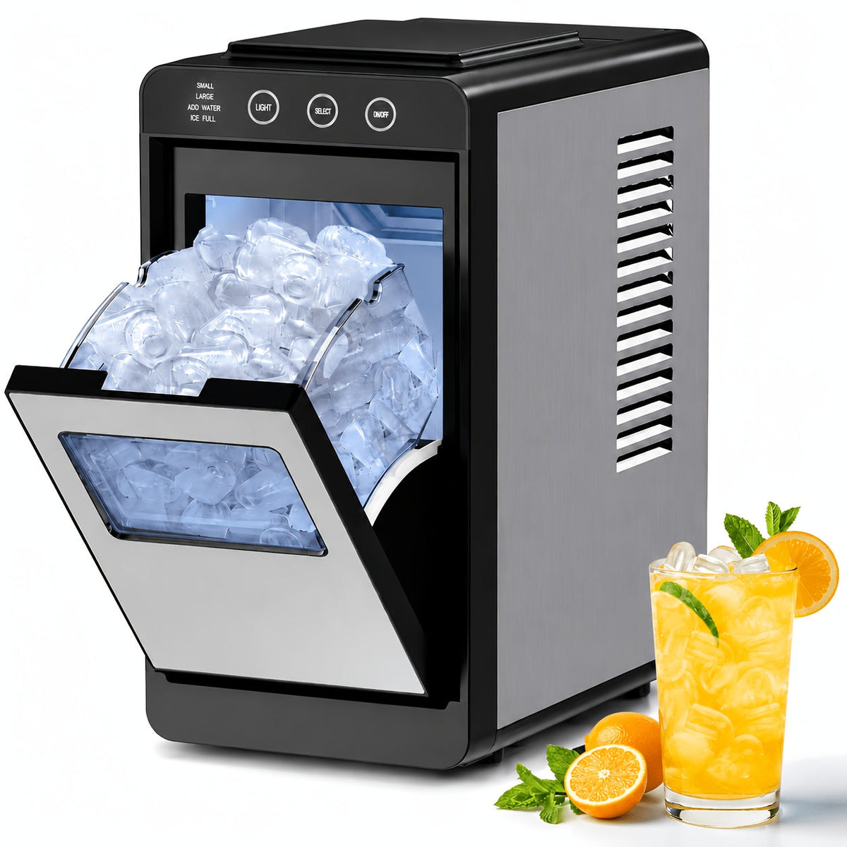 Portable Countertop Ice Maker - Bullet & Nugget Pebble Ice, 26-35 lbs/Day, Self-Cleaning, One-Touch, Sonic Ice Making - Kitchen, Office & Home Bar - Black & Stainless Steel
