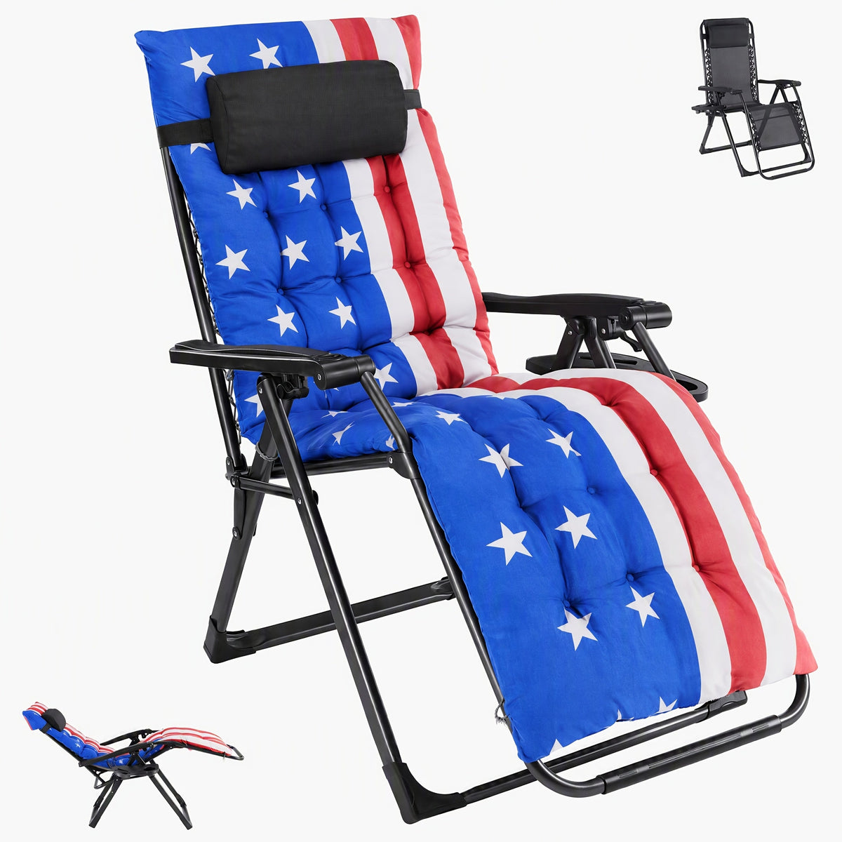 Zero Gravity Recliner Foldable Patio Chair – Removable Cushion & Cup Holder Tray for Beach Patio Poolside Outdoor Lounging