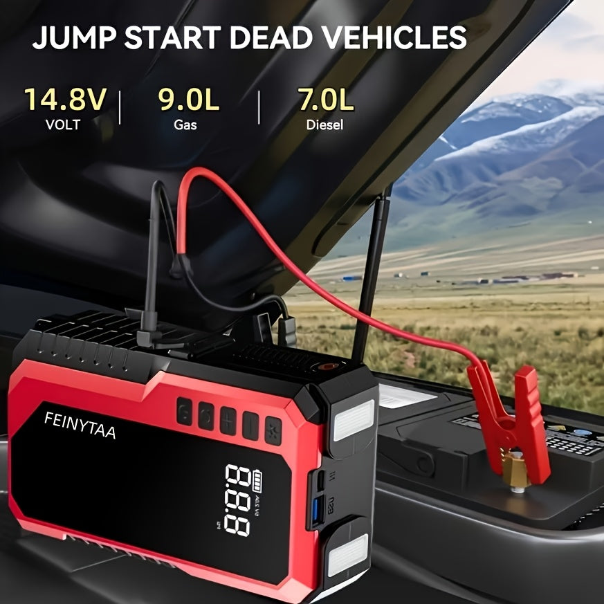 Jump Starter with Digital Tire Inflator, 5000A/10000A Peak, Multi-Function Car Jump Box with Smart Battery Clamps, LED Flashlight, and Power Bank, Emergency Kit for Car, RV, and Motorcycle
