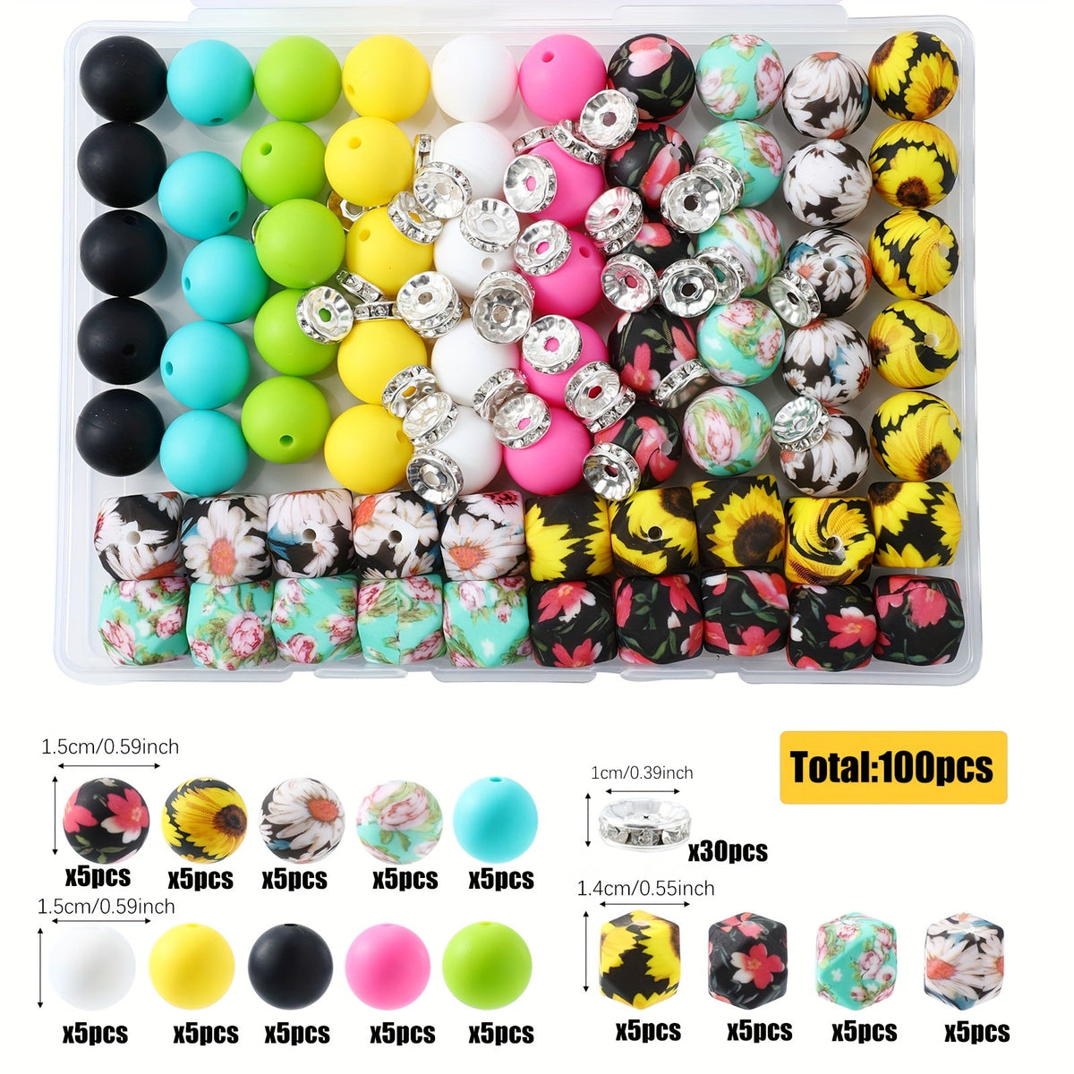 100pcs Silicone Beads Set with Storage Box, Hexagonal Striped Printed Pattern Beads for DIY Jewelry Making, Bead Pens, Keychain Pendants, Craft Supplies for Girls, Kids, Teens, and Adults