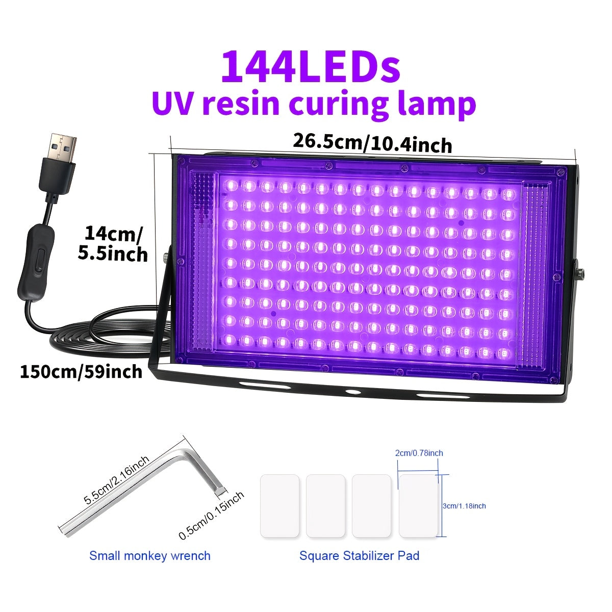 Professional UV LED Resin Curing Lamp, 96 or 144 LEDs, High Power, USB Plug and Play for DIY Jewelry Making, Epoxy Resin Hardening, Mold Curing, Dark Violet