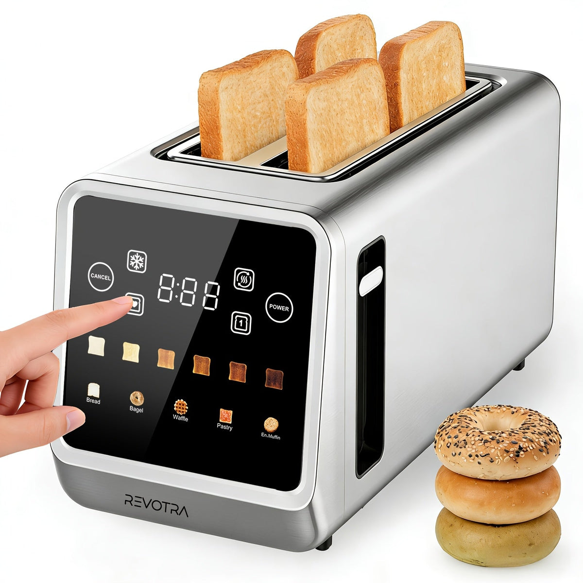 Long Slot 4-Slice Toaster - 1.5" Extra Wide Slots, Touch Screen LED Display, Countdown Timer, Memory Function, Dual Independent Control, 6 Shade Settings - Stainless Steel