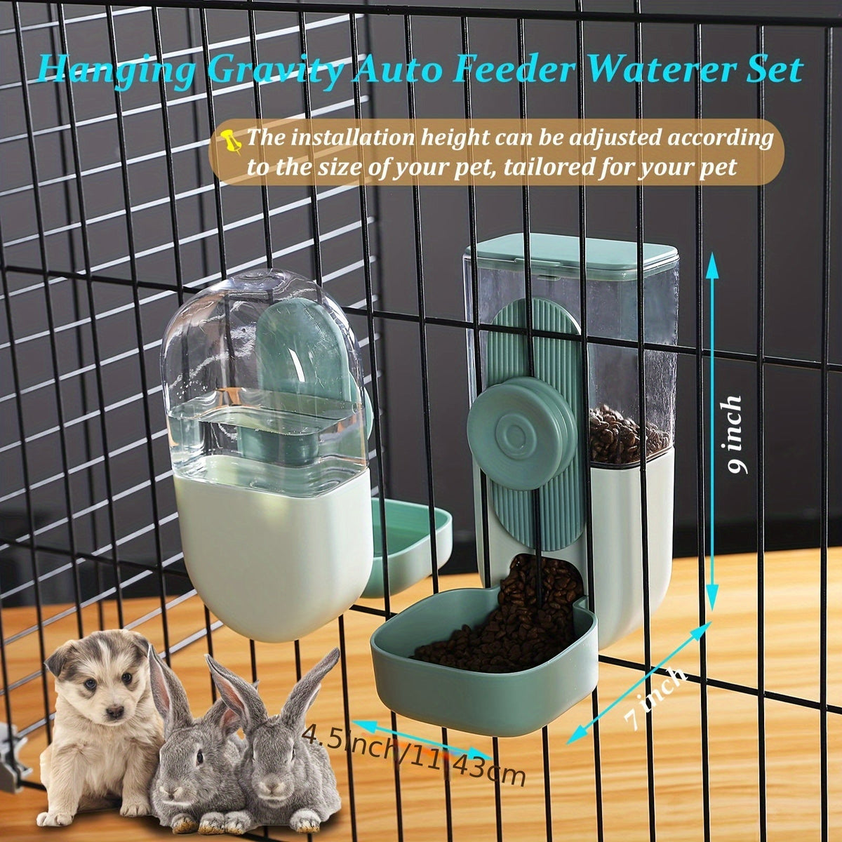Hanging Cage Pet Feeder & Waterer Set 35oz - Auto Gravity Food & Water Dispenser for Cats, Dogs, Rabbits, Chinchillas, Ferrets, and Hedgehogs - Battery-Free Cage-Mounted Feeding Station for Small Animals (Green)