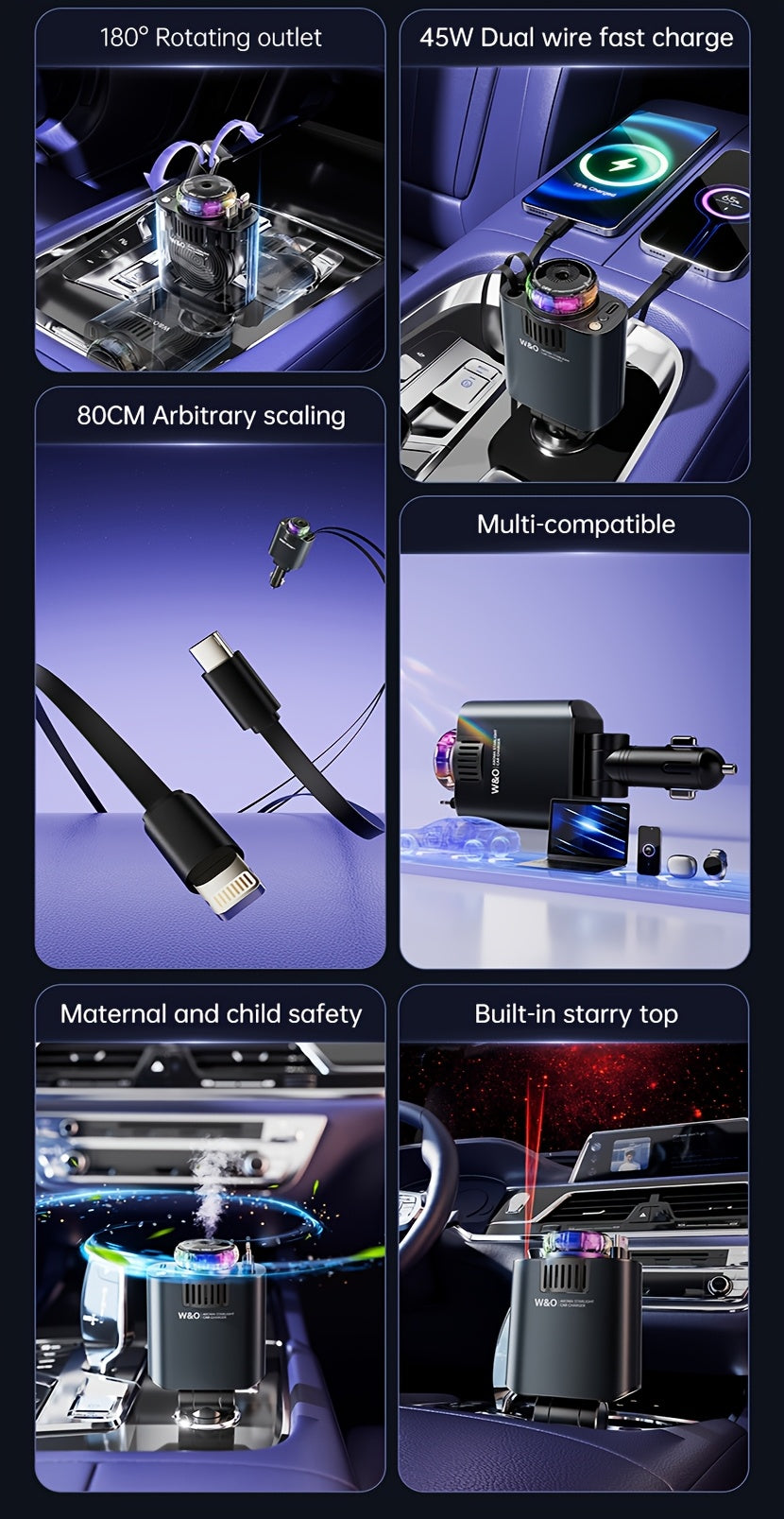 3-in-1 Car Charger, Air Freshener & Starry Sky Projector – Dual 80cm Retractable Type-C & Lightning Cables, Aromatherapy Diffuser for iPhone 16/15 and Samsung S25/S24, Premium Car Interior Upgrade Gift