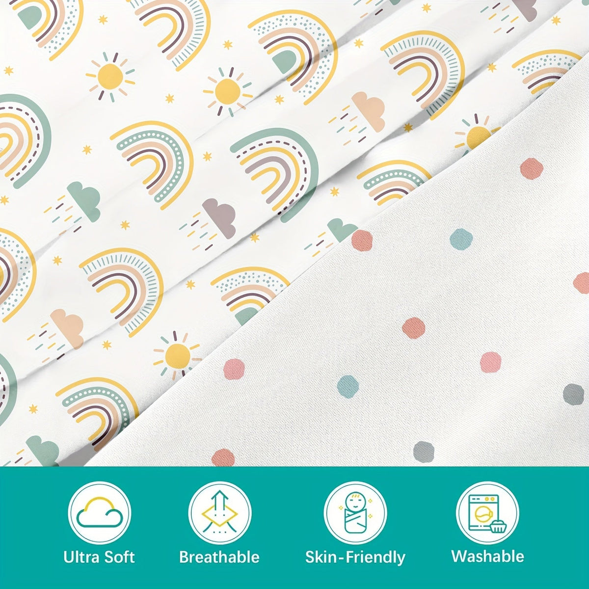 4-Piece Baby Crib & Mini Mattress Fitted Sheet Set, Soft Skin-Friendly Breathable Fabric, 20 × 33 × 4 Inches, Freely Mixable & Machine Washable, Nature Rainbow & Pink Floral Butterfly