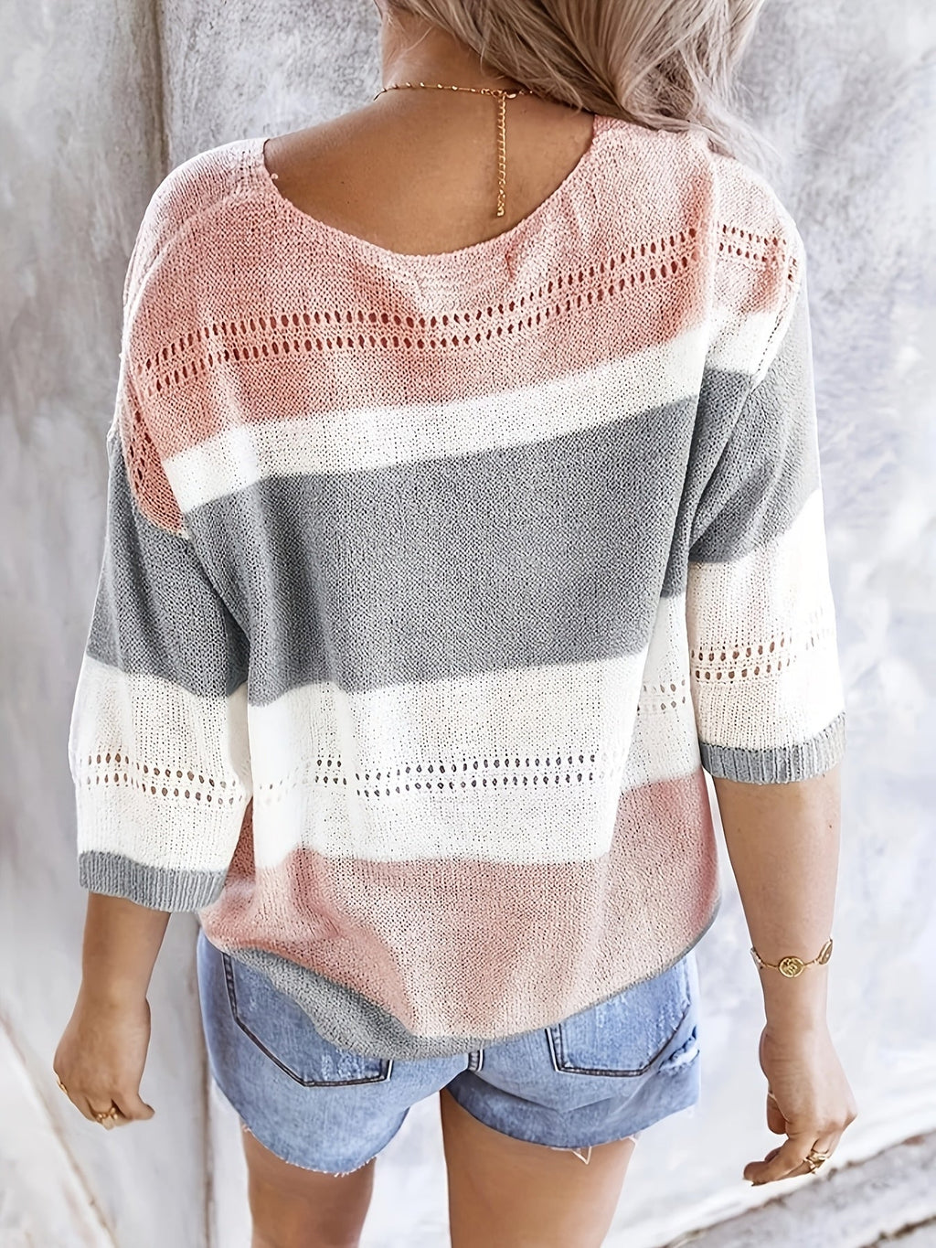 Women's V-Neck Hollow-Out Off-Shoulder Colorblock Stripe Knit Top - Casual Summer Blouse for Daily Wear and Beach Vacations