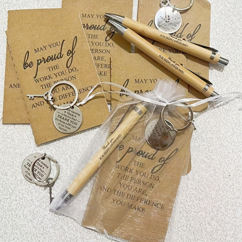 24-Piece Inspirational Gift Set: Bamboo Retractable Pen, Keychain, Gratitude Notebook, and Gift Bag – Bulk Appreciation Gifts for Employees, Teachers, Thanksgiving, and Christmas
