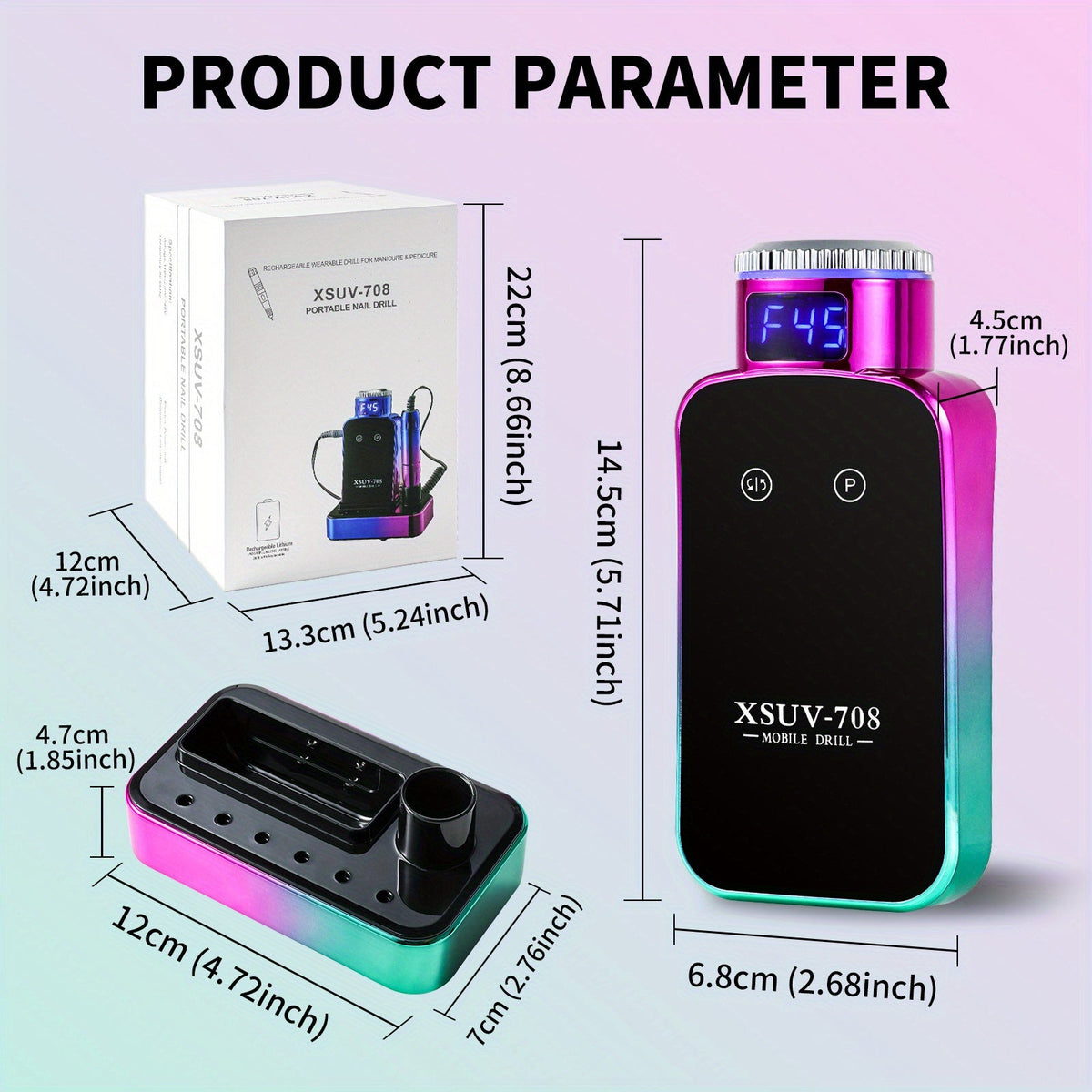 Electric Nail Drill Machine 45000RPM - Cordless Rechargeable Professional Nail File for Acrylic & Gel Nails, Manicure Pedicure Polishing & Shaping for Salon & Home Use - Pink, Gold, Purple & Green