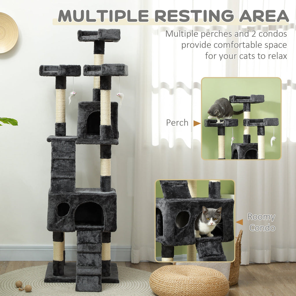 68-Inch Multi-Level Cat Tree Tower with 2 Condos, Sisal Scratching Posts, Plush Perches, Ladders & Dangling Toys, Sturdy Particle Board Base, for Cats up to 10 lbs, 19.3"x19.3"x68.1"