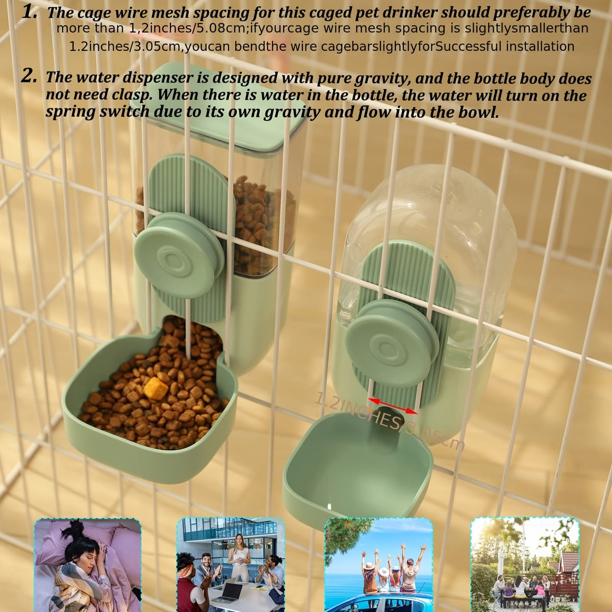 Hanging Cage Pet Feeder & Waterer Set 35oz - Auto Gravity Food & Water Dispenser for Cats, Dogs, Rabbits, Chinchillas, Ferrets, and Hedgehogs - Battery-Free Cage-Mounted Feeding Station for Small Animals (Green)