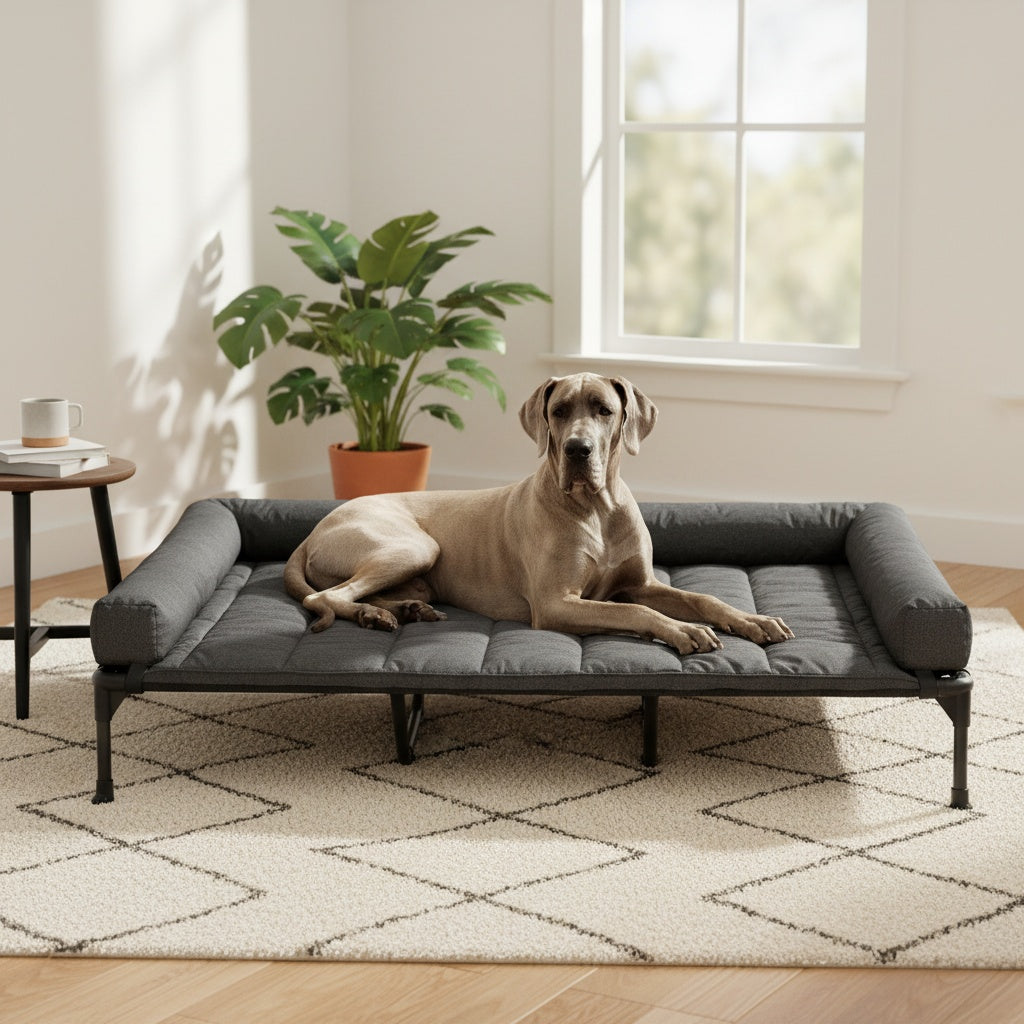 Cooling Elevated Dog Bed with Removable Pillow-Top Mat – Raised Bolster Dog Cot with Breathable Mesh and Non-Slip Feet, Dog Sofa Bed for Indoor & Outdoor Use
