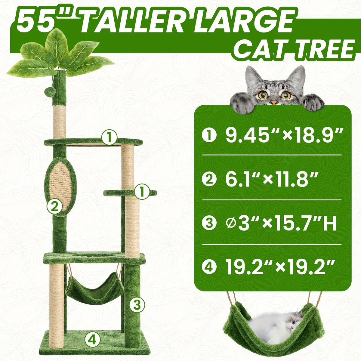 55-Inch Cat Tree for Indoor Cats with Green Leaves – Multi-Level Large Cat Tower with Hammock, Sisal Scratching Posts, Hanging Ball Toy, and Cat Furniture for Living Room or Bedroom
