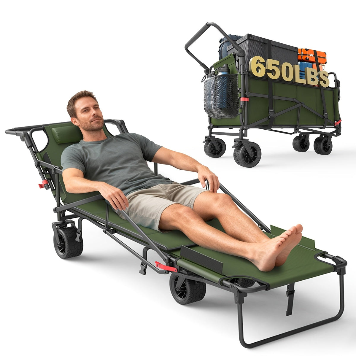 Heavy Duty Folding Wagon 2-in-1 Collapsible Cart and Beach Chair 400 420 650LBS Capacity All-Terrain 360 Swivel Wheels with Brakes Side Pockets for Camping Beach Groceries