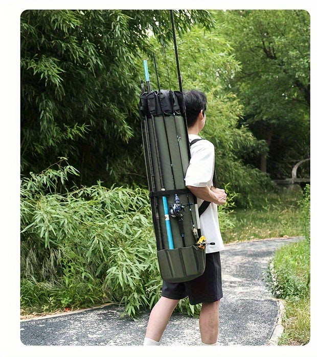 Large Capacity Folding Durable Fishing Rod Bag, Multifunctional Gear Carrier Case with Two Lead Weights, Fits Multiple Rods, Tackle Organizer for Freshwater and Saltwater Fishing