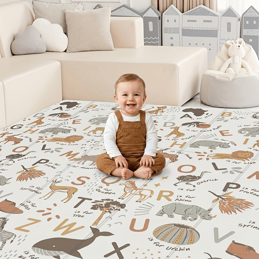 Foldable XPE Baby Play Mat, Extra Large Double-Sided Crawling Mat with Alphabet Numbers & Cartoon Animals, Minimalist Reverse Side, Safe Non-Toxic Material for Learning & Play, 2 Sizes