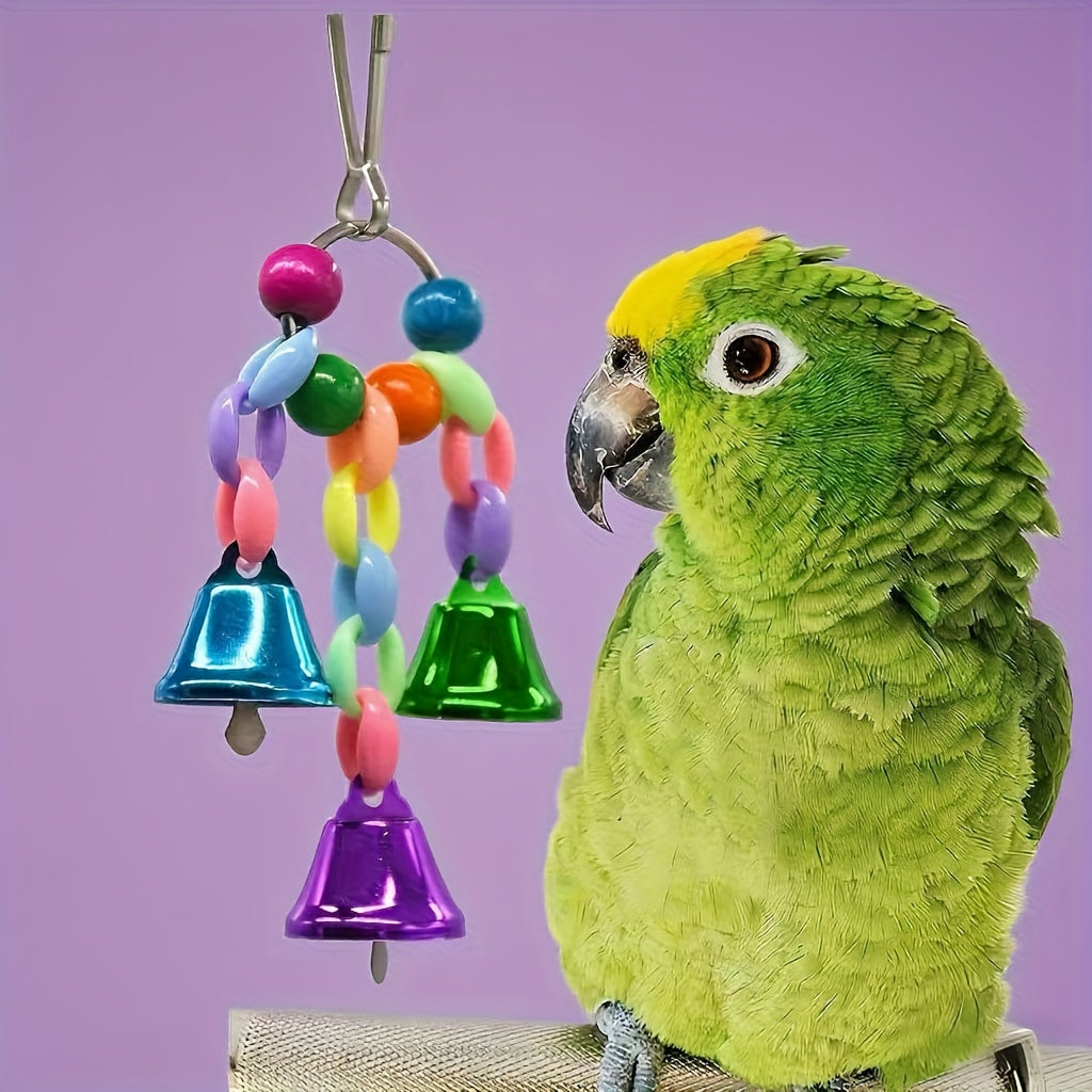 Parrot Colorful Bead & Bell String Chew Toy - Interactive Bird Foraging Chain Toy for Boredom Relief & Intelligence Development - Bird Cage Toy for Parrots, Parakeets, Cockatiels, and Budgies (Random Color)