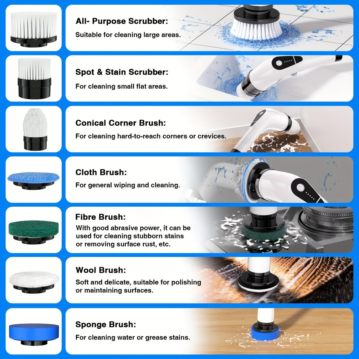 Electric Spin Scrubber Cordless 7-in-1 Cleaning Brush with 7 Replaceable Heads, Dual Speed Adjustable, Detachable Telescopic Handle for Bathroom Tile, Tub, Kitchen, Car, and Floor Grout Scrubbing