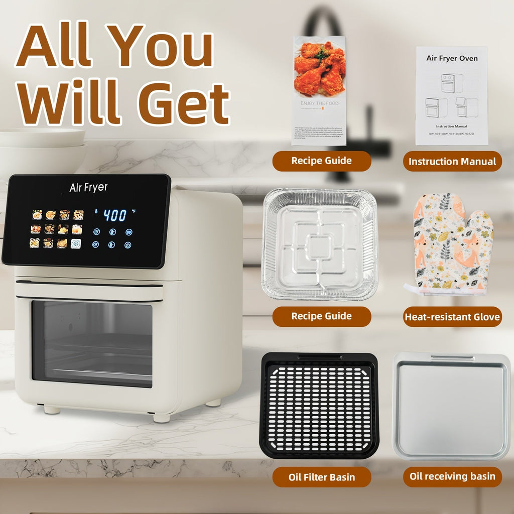 Large Air Fryer Oven with Grill Combo 2.64 Gallon – 12-in-1 Smart Convection Oven with Glass Window Nonstick Basket & Removable Door in White