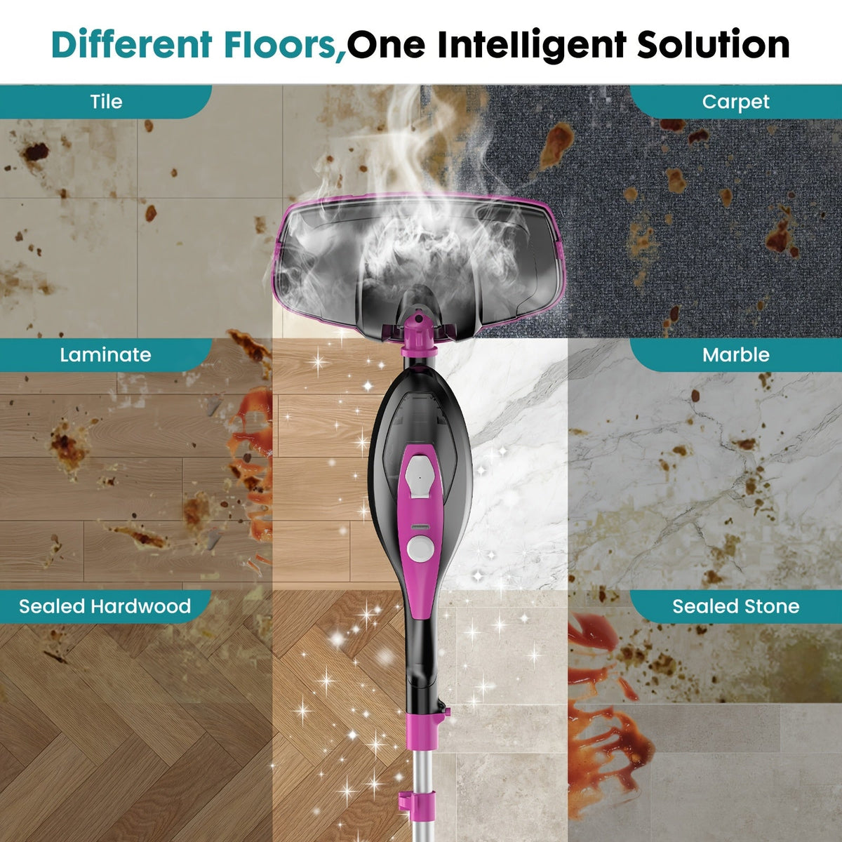 10-in-1 Steam Mop & Handheld Steam Cleaner - 1550W, Detachable, 2 Reusable Pads, 16.4ft Cord - Hardwood, Tile, Grout, Carpet & Windows - Black & Pink