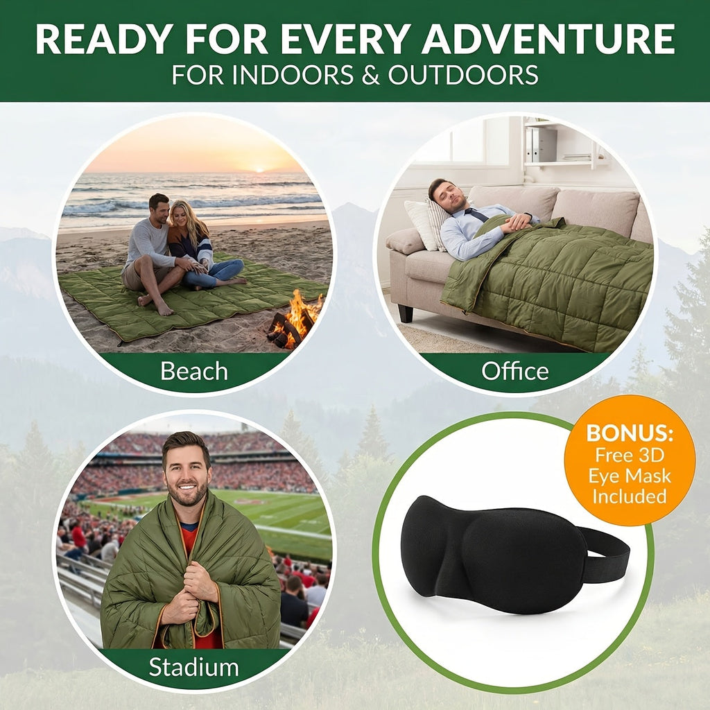 Outdoor Camping Puffy Blanket, Foldable, Lightweight, Warm, DWR Water-Resistant, with 3D Eye Mask, 140x200cm, for Camping, Travel, Car, Beach, Stadium, Hammock, Sofa, Festival