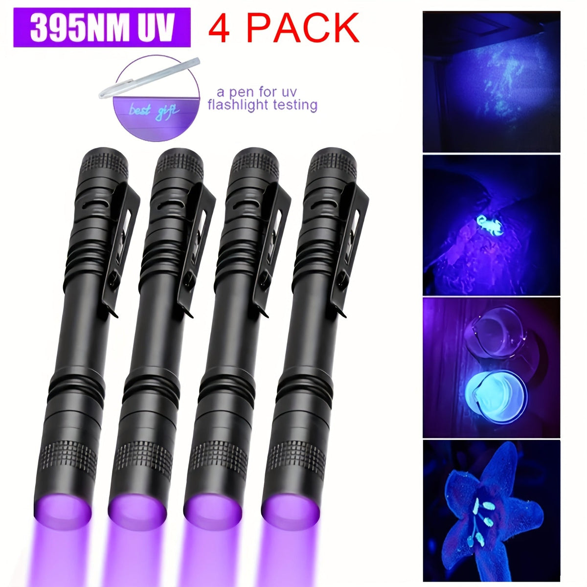 UV Blacklight Flashlight 395nm Portable Ultraviolet Light for Counterfeit Detection, Pet Urine Stain, Scorpion Hunting, and Ringworm Detection, Multi-Pack (4/6/8/12 pcs), AAA Battery Powered