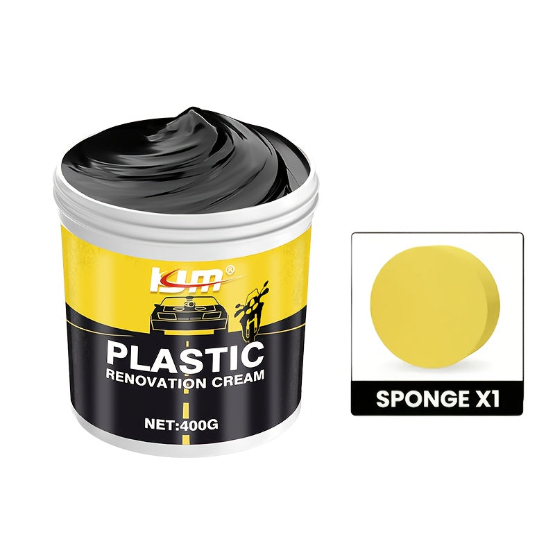 Car Plastic & Rubber Repair Cream All-in-One Trim Restorer Scratch Remover Tire Shine Wax, Anti-Cracking Anti-Aging Formula for Interior & Exterior Car Detailing, Includes Sponge