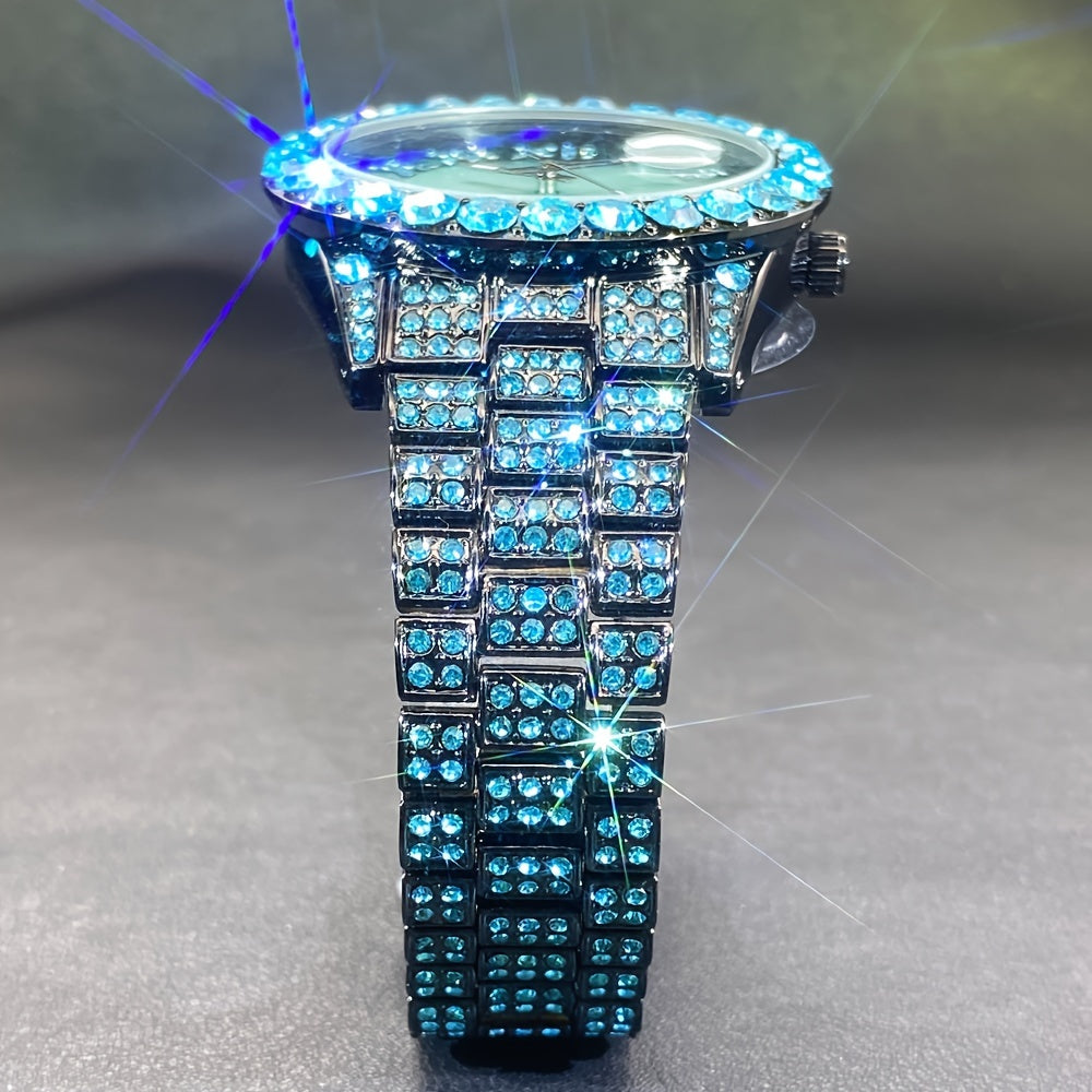 Rhinestone Couple's Watch Set, Luxury Quartz Movement with Calendar and Luminous Display, Red and Ice Blue Rhinestone Fashion Party Gift Watches for Men and Women