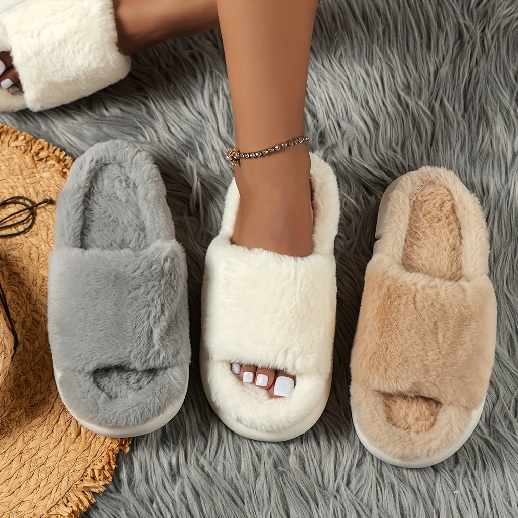 Women's Fluffy Faux Fur Platform House Slippers - Cozy, Warm & Fuzzy Single Band - US 5.5–11 - Pink, Black, Coffee, Multi-Color, Leopard Print, White, Khaki & Grey