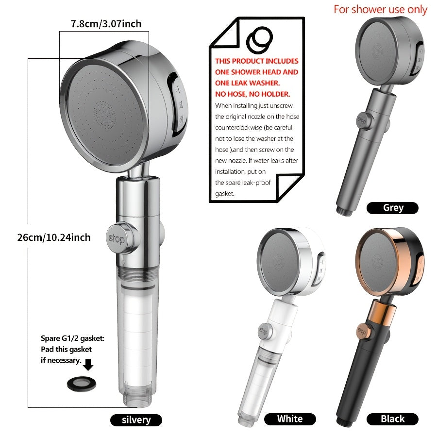 H37 Supercharged Filtered Showerhead - 3-Speed Adjustable, High Pressure, Adjustable Angle Bathroom Shower Head - Silvery, Black, Grey & White (Head Only)