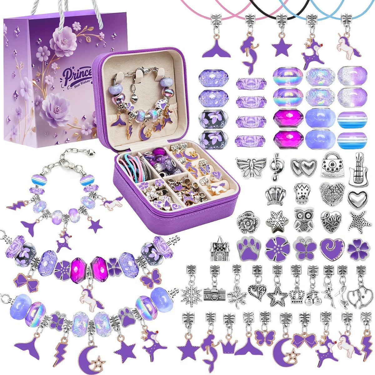 DIY Bracelet Making Kit for Girls, Unicorn & Mermaid Jewelry Craft Set with Portable Jewelry Box, Handmade Beading Gift for Birthday, Christmas, Graduation, Valentine's Day (Blue, Purple, Pink, Black)