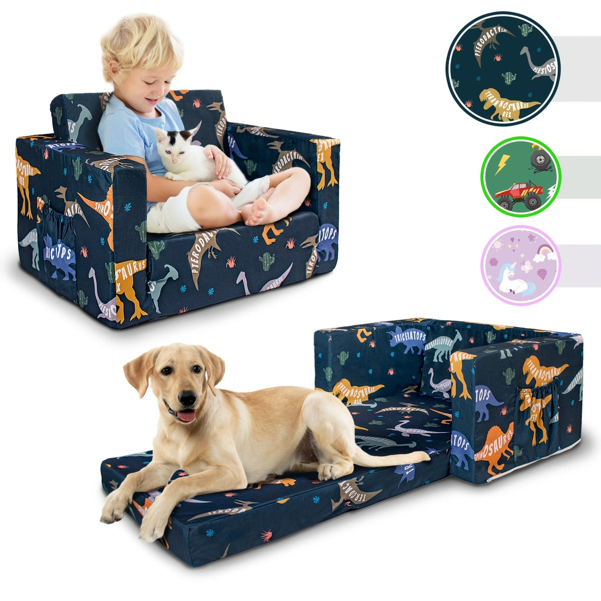 2-in-1 Kids Sofa Fold-Out Convertible Chair – Toddler Couch to Lounger with Washable Cover for Reading Playing Napping Boys Girls