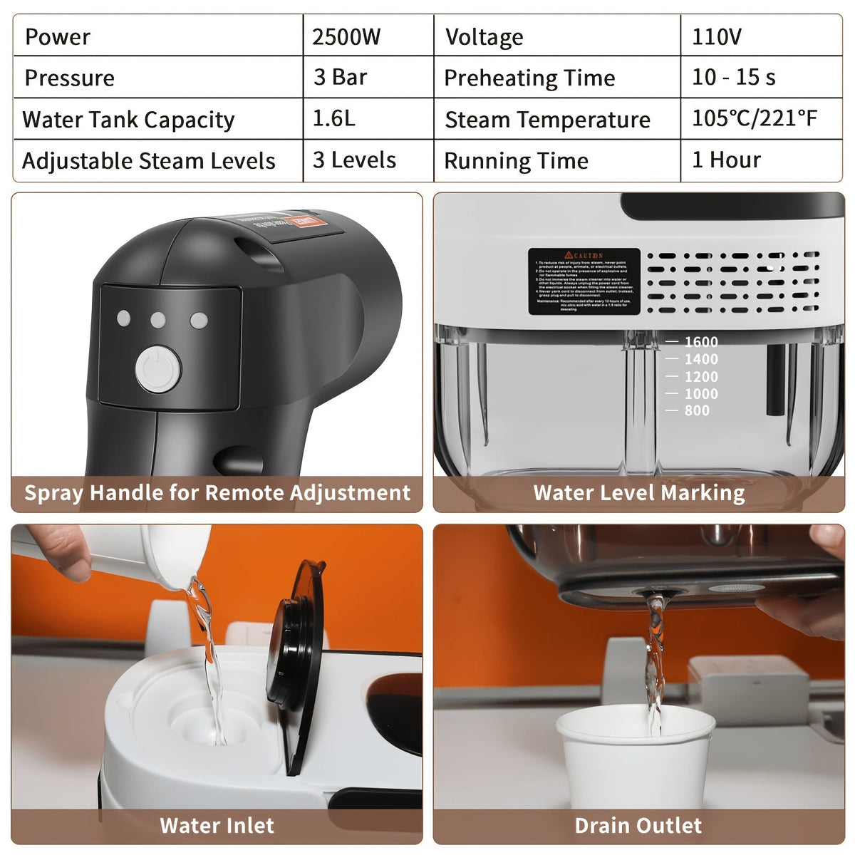 2500W Handheld Steam Cleaner, 54.1oz Large Water Tank, High-Pressure Steam, 3-Level Adjustable Handle, Chemical-Free Deep Cleaning for Home, Car Detailing, Grout, Furniture, Bed Bugs, Portable