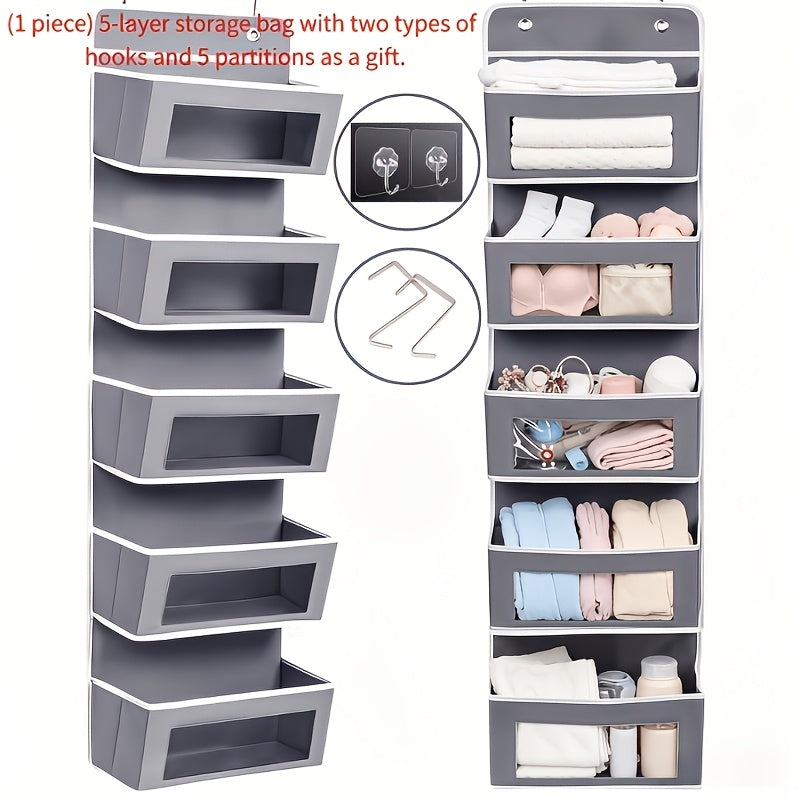 5-Layer Behind-Door Storage Rack - 44LB Load-Bearing, No-Drill Anti-Tilt Hanging Organizer - Multifunctional Plastic Storage for Bedroom, Bathroom, Kitchen & Wardrobe - Grey