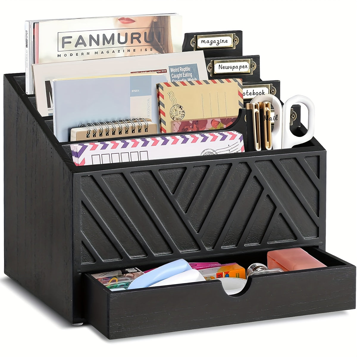 Large Solid Wood Desktop Mail Organizer with Drawer and 4 Compartments, Labelable Dividers for Files, Letters, and Paper Folders, Desk Organizer for Home Office, Students, and Professionals