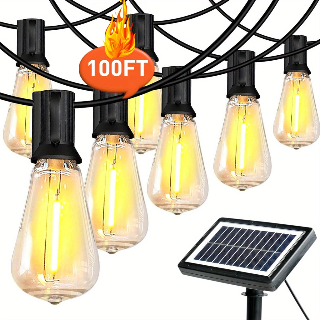 Solar LED String Lights Outdoor Waterproof 50FT & 100FT – ST38 Shatterproof Dimmable Bulbs, USB-C & Solar Powered, 4 Modes, for Patio, Yard, Pool, Garden, Wedding, Camping, and Christmas Decor