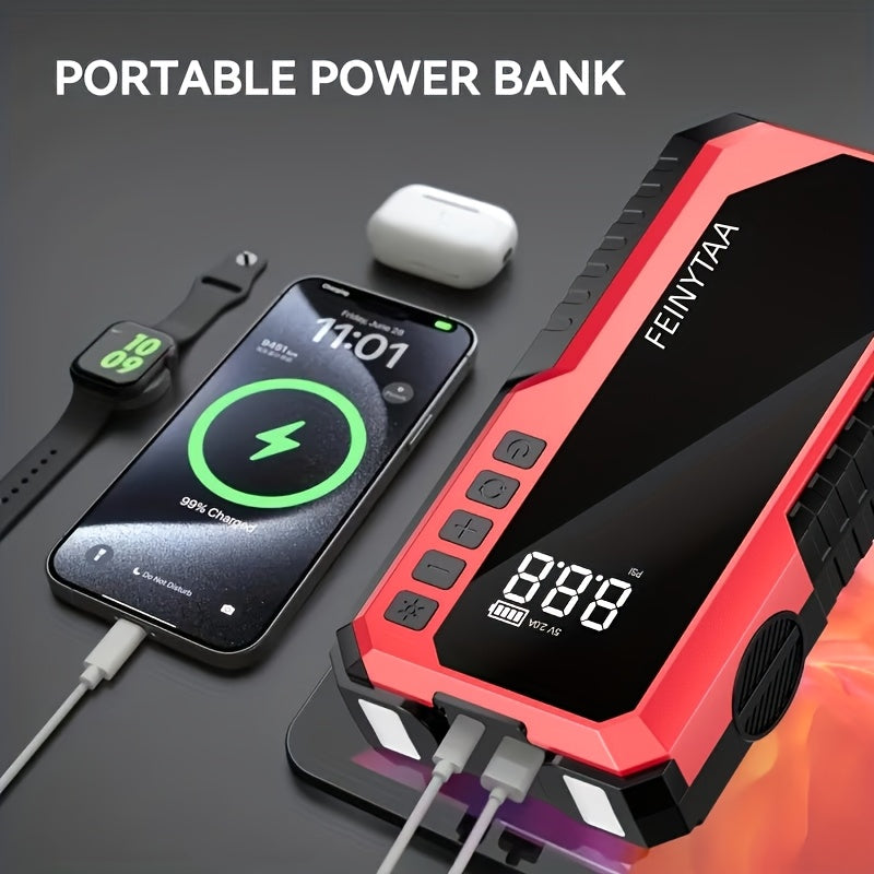 Jump Starter with Digital Tire Inflator, 5000A/10000A Peak, Multi-Function Car Jump Box with Smart Battery Clamps, LED Flashlight, and Power Bank, Emergency Kit for Car, RV, and Motorcycle