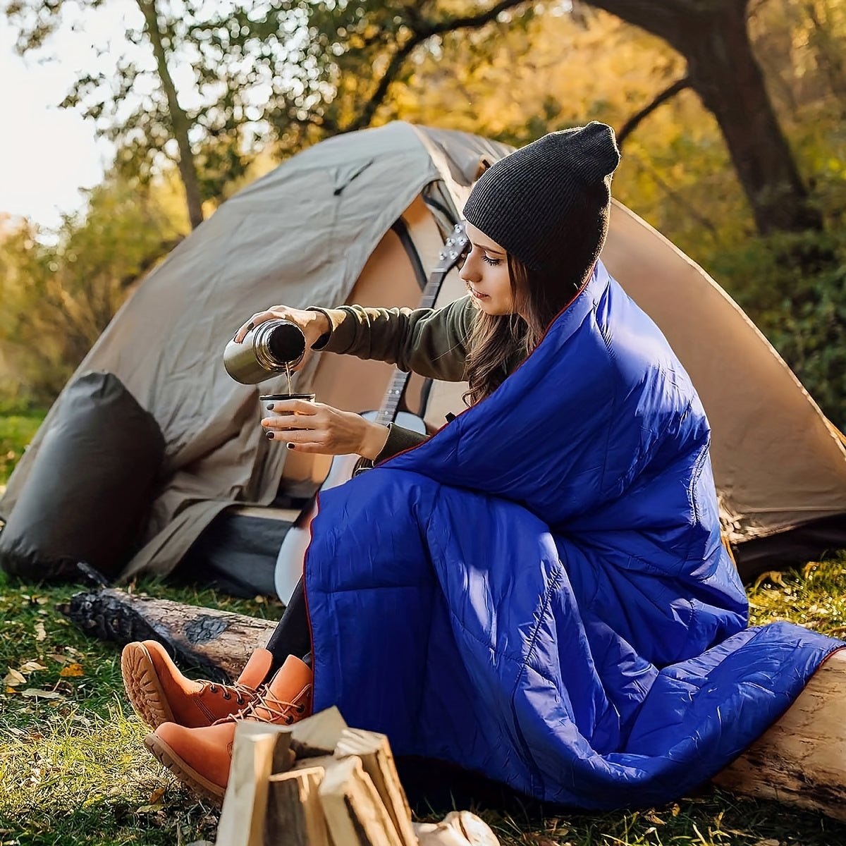 Outdoor Camping Puffy Blanket, Foldable, Lightweight, Warm, DWR Water-Resistant, with 3D Eye Mask, 140x200cm, for Camping, Travel, Car, Beach, Stadium, Hammock, Sofa, Festival
