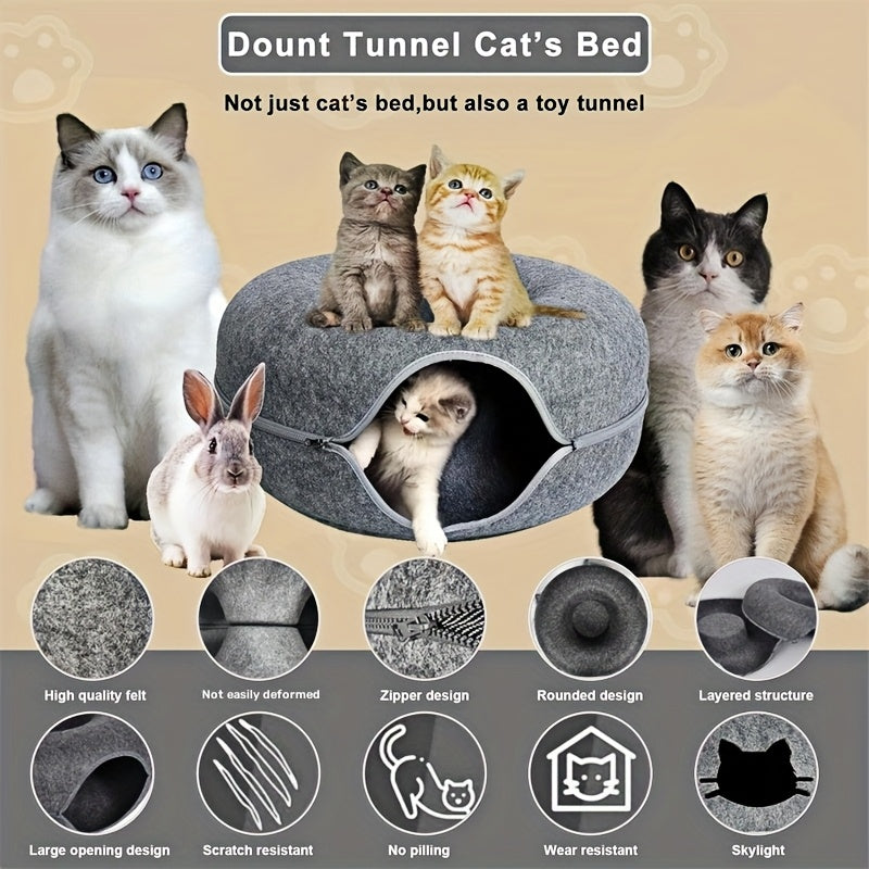 猫隧道床室内藏身处 - 甜甜圈猫窝四季通用折叠式猫隧道，带洞口，适合室内猫咪，柔软毛绒材质，深灰色与浅灰色，有20英寸和24英寸可选，理想的猫咪礼物
