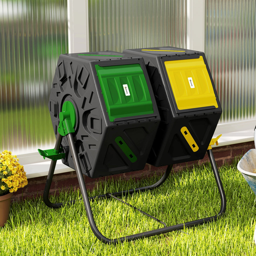 34.5-Gallon Dual Chamber Rotating Compost Tumbler, 360° Spin, 24 Ventilation Openings, Lock Brake, Anti-Clump Divider Bar, Steel Legs, 26.4"x23.6"x30.3", Compost Ready in 1-3 Months, Brown