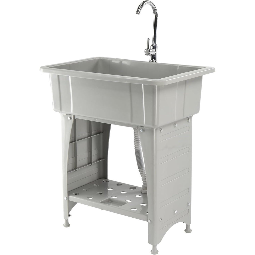 20-Gallon Freestanding Utility Sink Laundry Tub with Stainless Steel Faucet, Removable Drainboard, Storage Shelf & Soap Box for Laundry Room Garage Mudroom & Basement – Tool-Free Install, Black & White