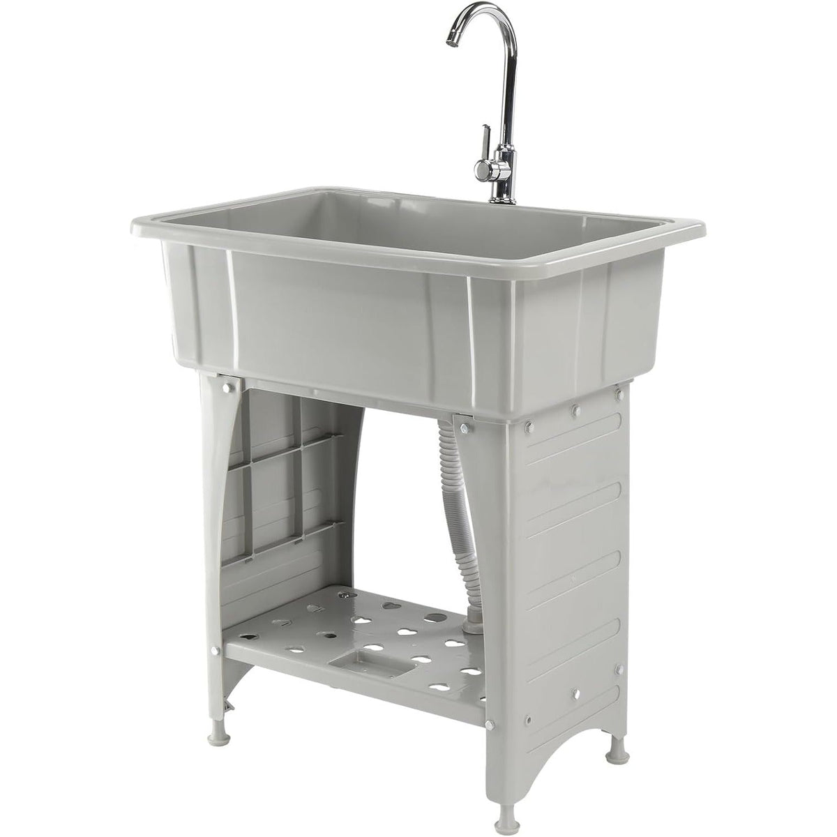 20-Gallon Freestanding Utility Sink Laundry Tub with Stainless Steel Faucet, Removable Drainboard, Storage Shelf & Soap Box for Laundry Room Garage Mudroom & Basement – Tool-Free Install, Black & White