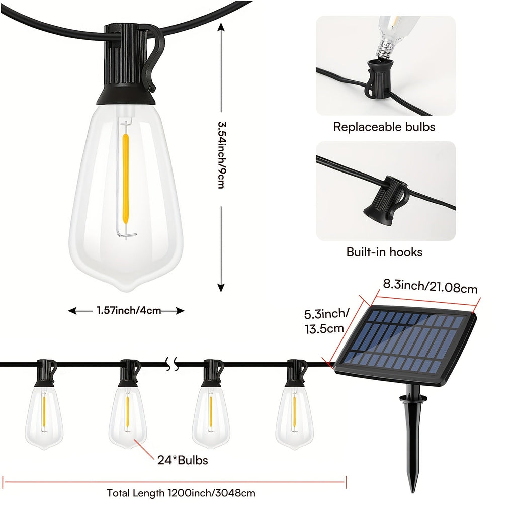 Solar LED String Lights Outdoor Waterproof 50FT & 100FT – ST38 Shatterproof Dimmable Bulbs, USB-C & Solar Powered, 4 Modes, for Patio, Yard, Pool, Garden, Wedding, Camping, and Christmas Decor