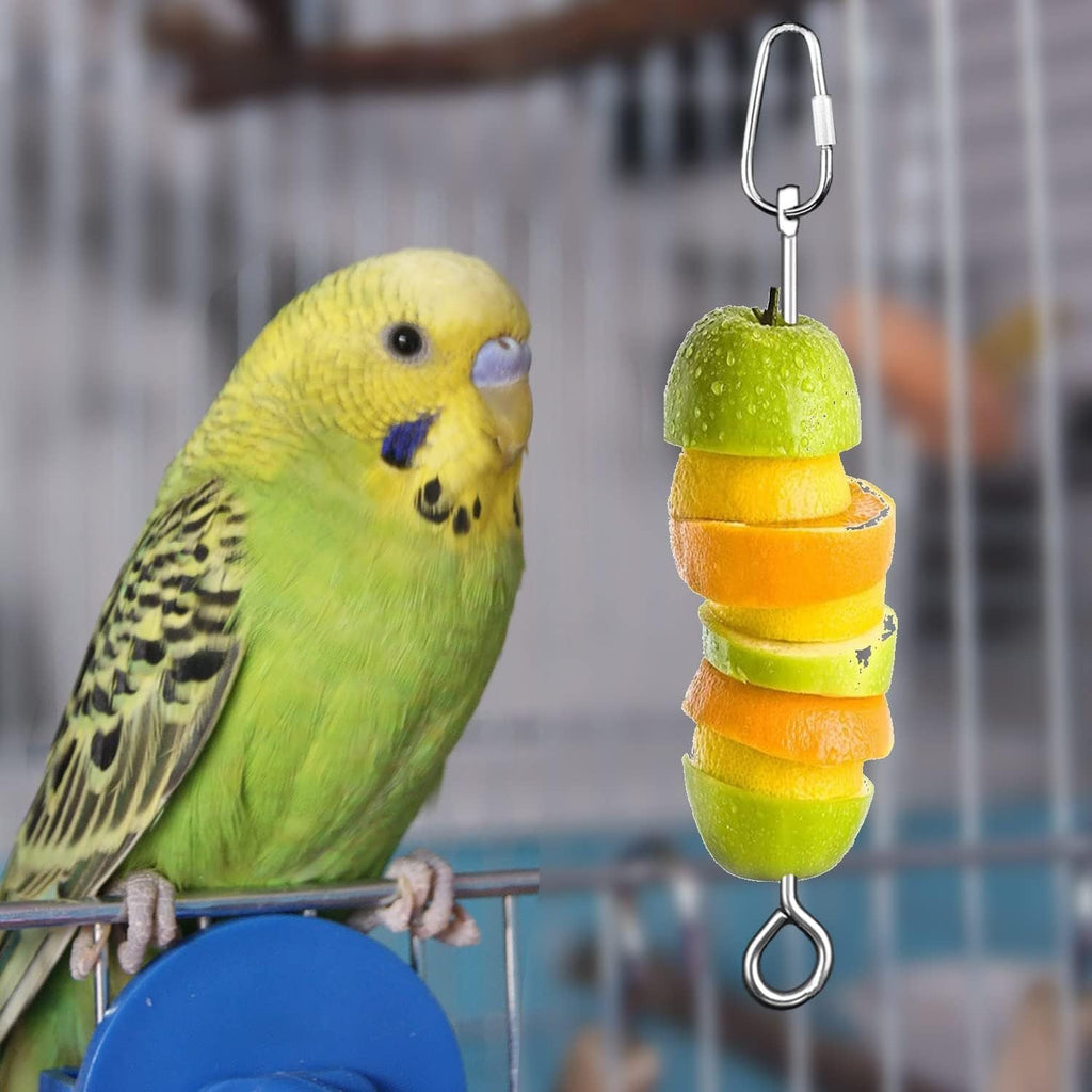 Stainless Steel Parrot Fruit and Vegetable Skewer Feeder for Bird Cage - Food Holder Foraging Toy with Carabiner Clip for Parakeet, Budgie, Cockatiel, Conure, Macaw - Bird Cage Feeding Accessory, 10 inch