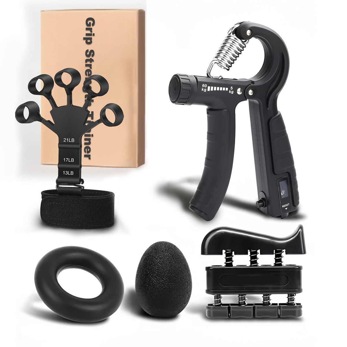 4-Piece Grip Strength Training Set: Adjustable Hand Grip Strengthener (10-130 lbs), Finger Exerciser, Forearm Workout Ring, and Exercise Ball for Athletes, Climbers, Musicians, Men, and Women